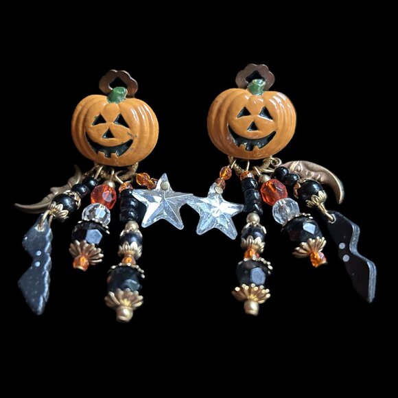 Enamel Jack-O-Lantern Halloween Dangle Earrings - Picture 2 of 5